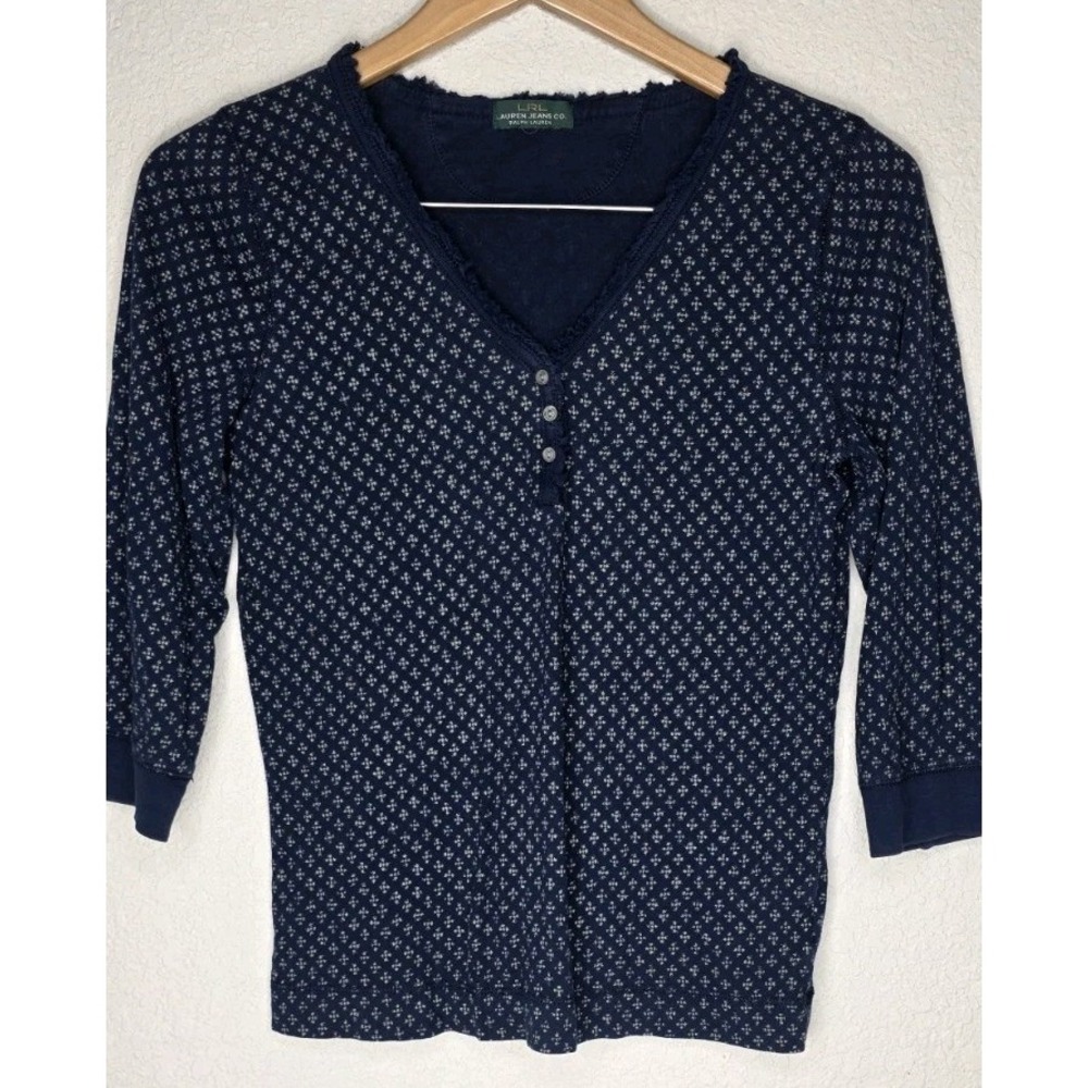 Ralph Lauren Navy White Dot Button Henley 3/4 Sleeve Woman XS/S Casual Cotton